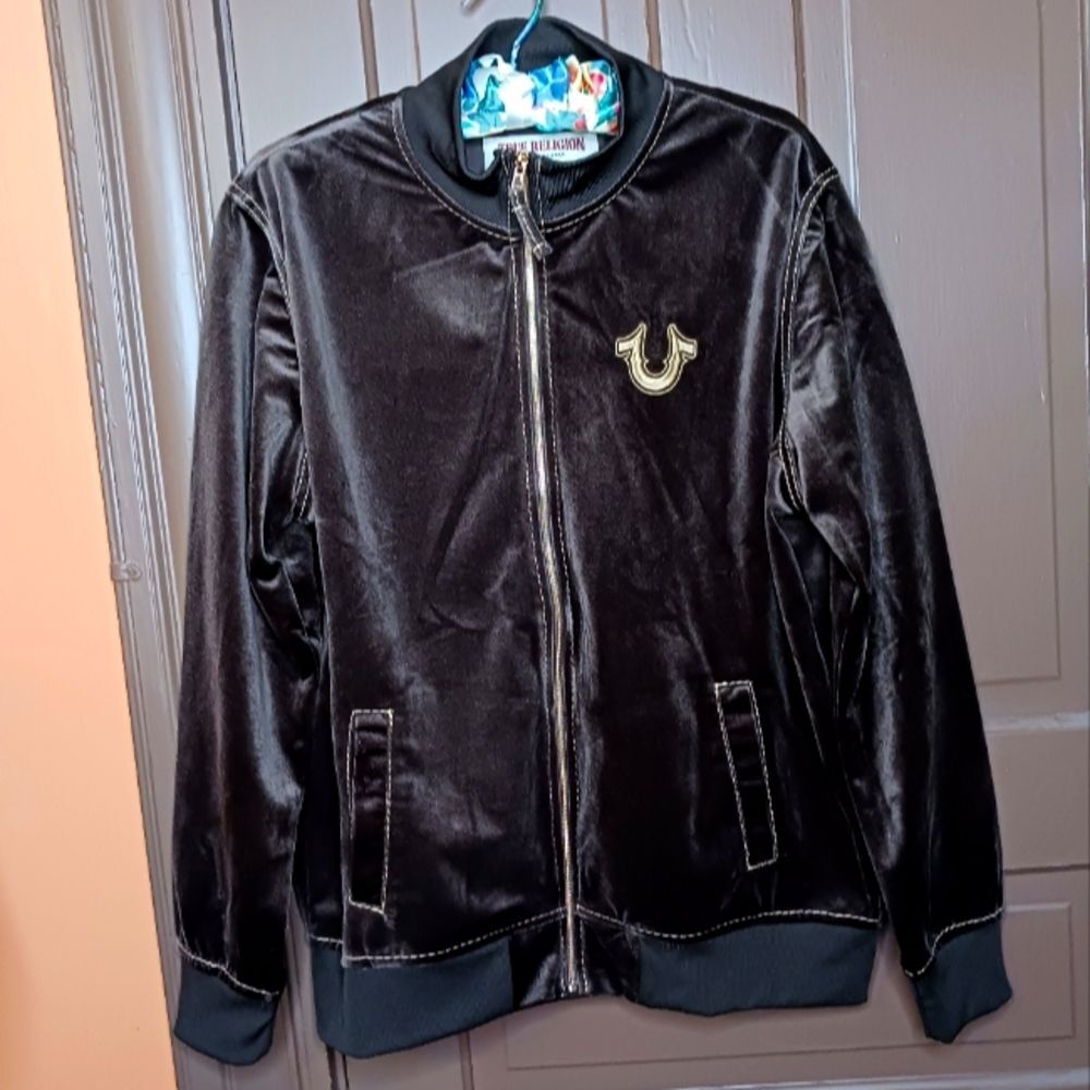 True Religion Big T Velvet Jacket Men's M Brown Full Zip Bomber